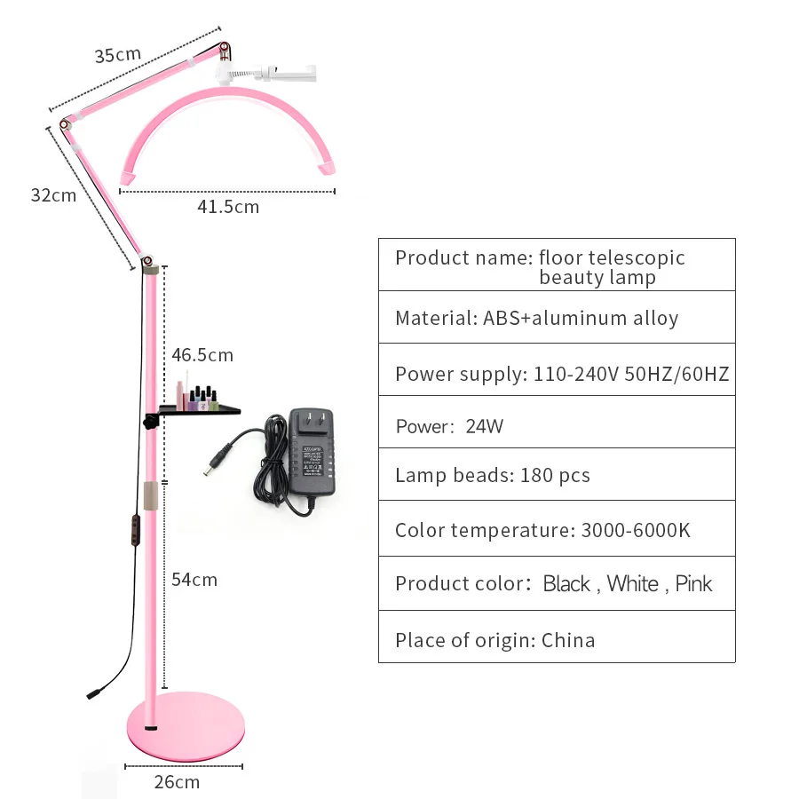 Lâmpada LED Half Moon Floor para tratamentos faciais de beleza, tatuagem Skincare, sobrancelhas filmando, lâmpada com temperatura, 3000K-6000K, 16in