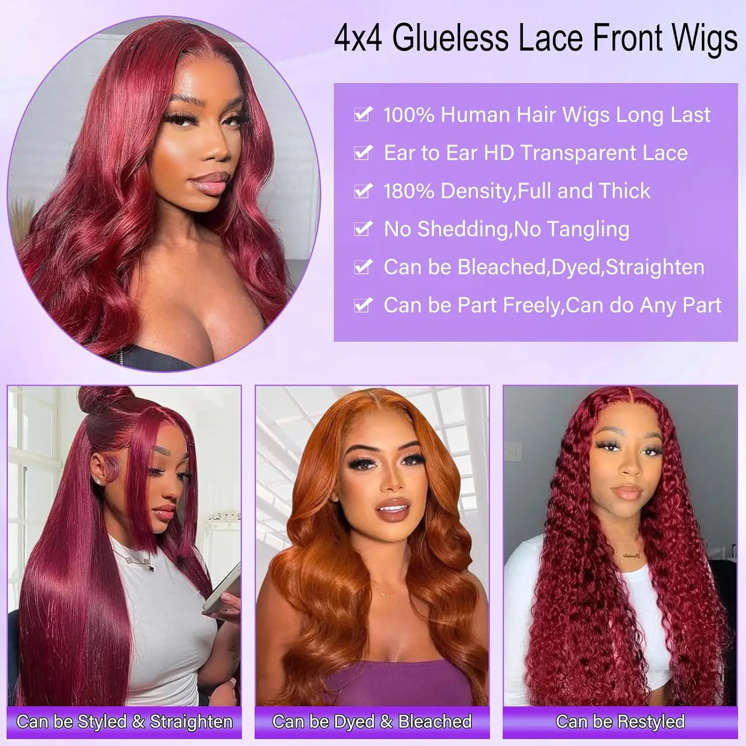 Perruque Lace Front Wig Body Wave Naturelle, Cheveux Humains Colorés, Rouge Bordeaux, 13x4, 4x4, 13x6, 220% 99J, pour Femme