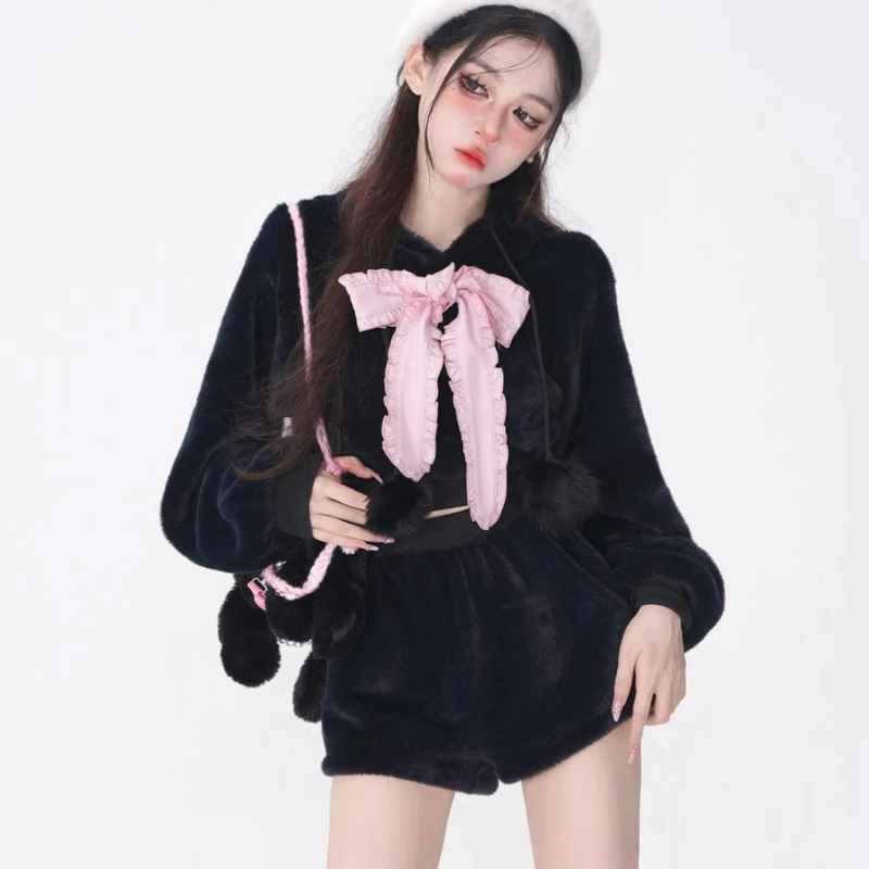 Fall Winter Kawaii Lolita Shorts Set Women Sweet Bunny Ear Hooded Hoodies Cute Plush Ball Shorts Suit Korean Casual 2 Piece Sets