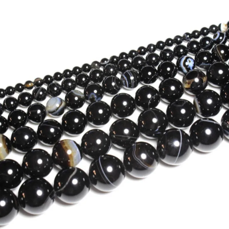 Black Striped Agate Loose Beads Natural Gemstone Smooth Round for Jewelry Making