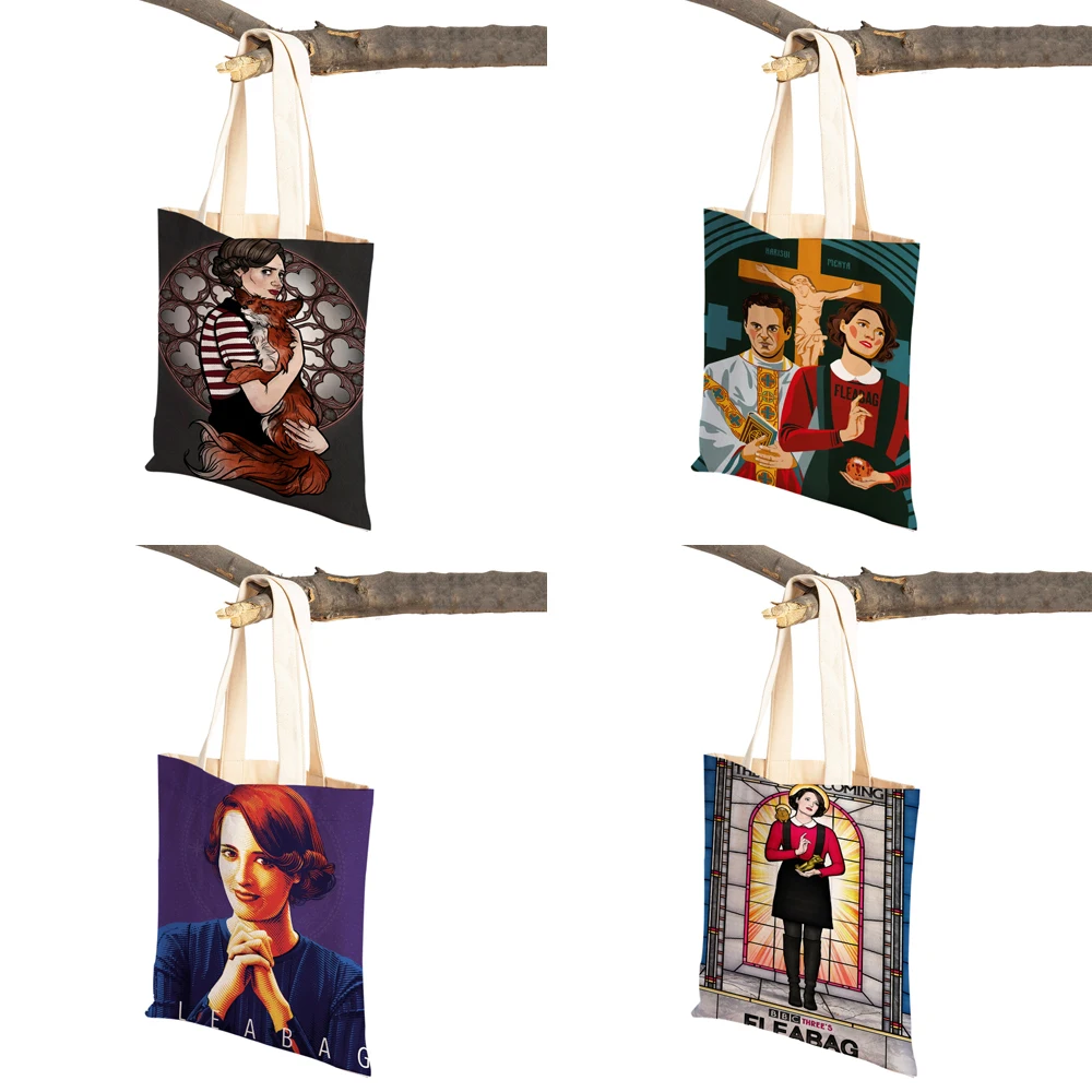 Tv Show Fleabag Lady Shopping Bags Cartoon Art Reusable Foldable Eco Canvas Women Shopper Bag Travel Tote Handbag