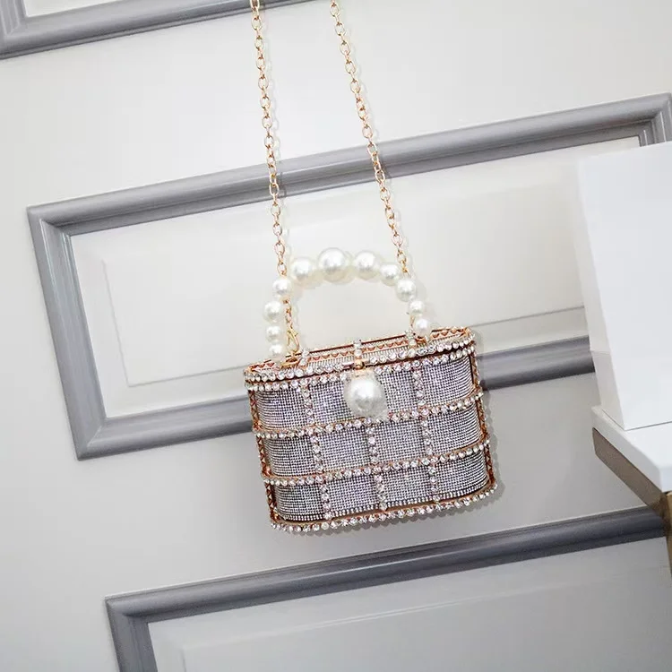 Luxury Metal Cage Pearl Beading Women\'s Handbag Shiny Rhinestones Diamond Evening Bag Wedding Party Clutch Purse Crossbody Bag