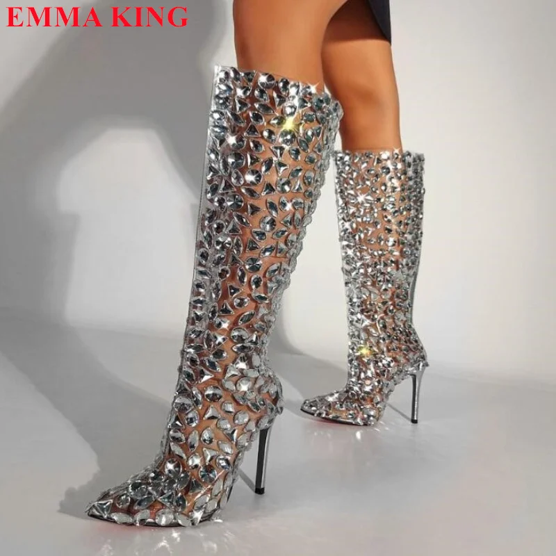 Luxury Designer Women Rhinestone Knee-High Boots Pointed Toe High Heels Transparent PVC Fashion Shoes Sexy Party Women\'s Boots