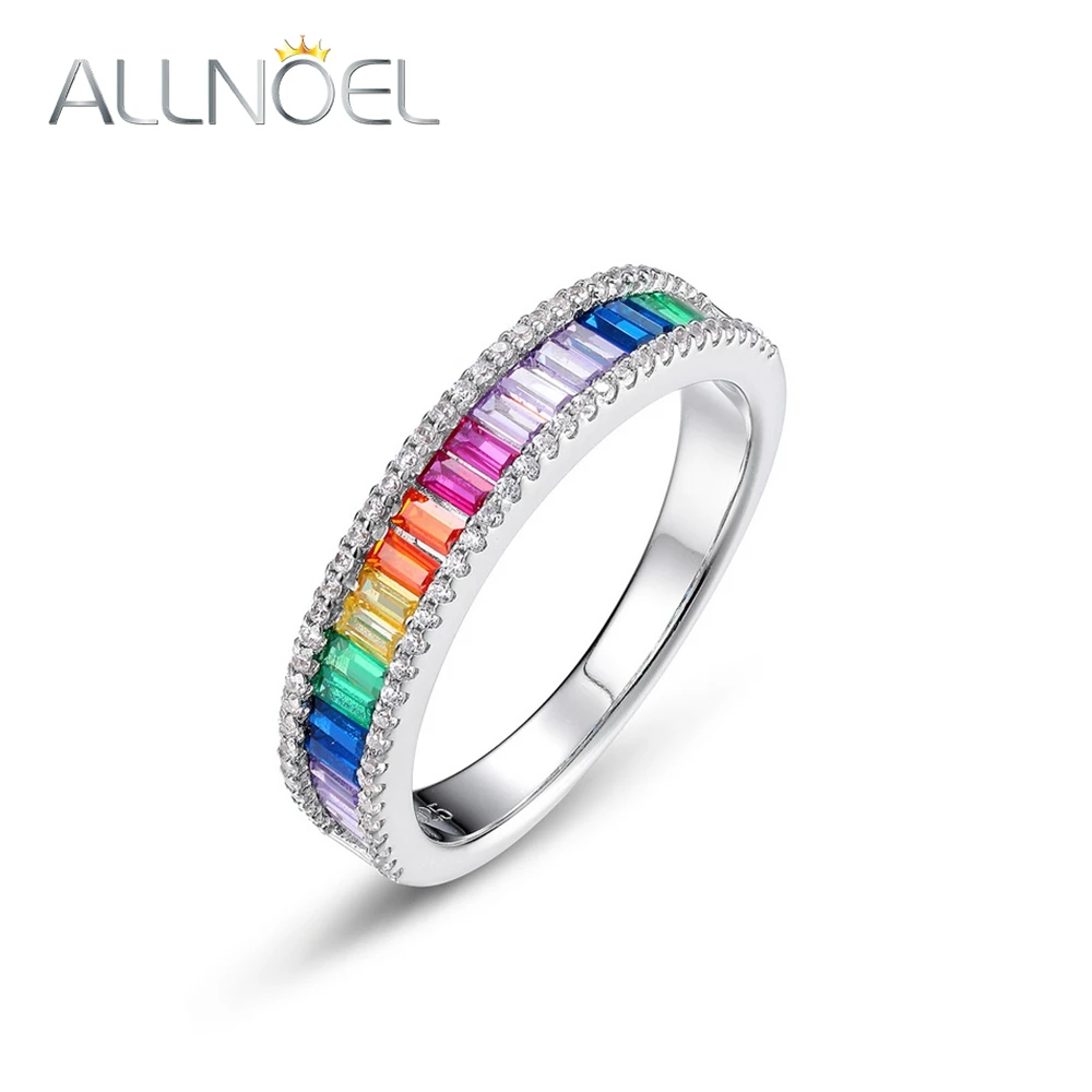 ALLNOEL 925 Sterling Silver Rings for Women Colorful Zircon Gradient Rainbow Gemstone Wedding Band Trendy Gifts Fine Jewelry