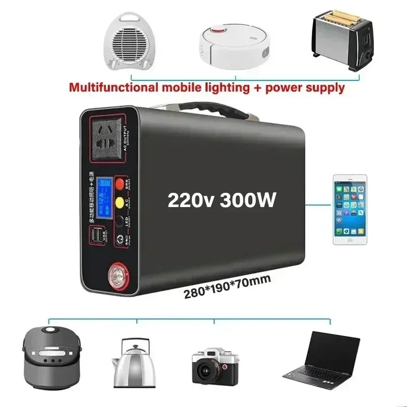 Banque d'alimentation extérieure portable avec affichage LED, système d'alimentation Lifepo4, générateur de charge, sauvegarde de charge d'urgence domestique, 220V, 300W, 90Ah