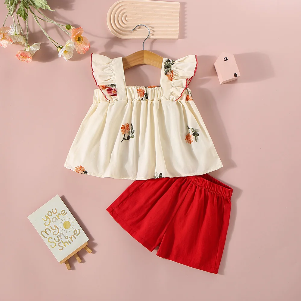 (0-3 Years Old) Girl Baby Set Summer Cotton Floral Small Flying Sleeve Top And Shorts Set Beach Two-Piece Set For Kids Girl