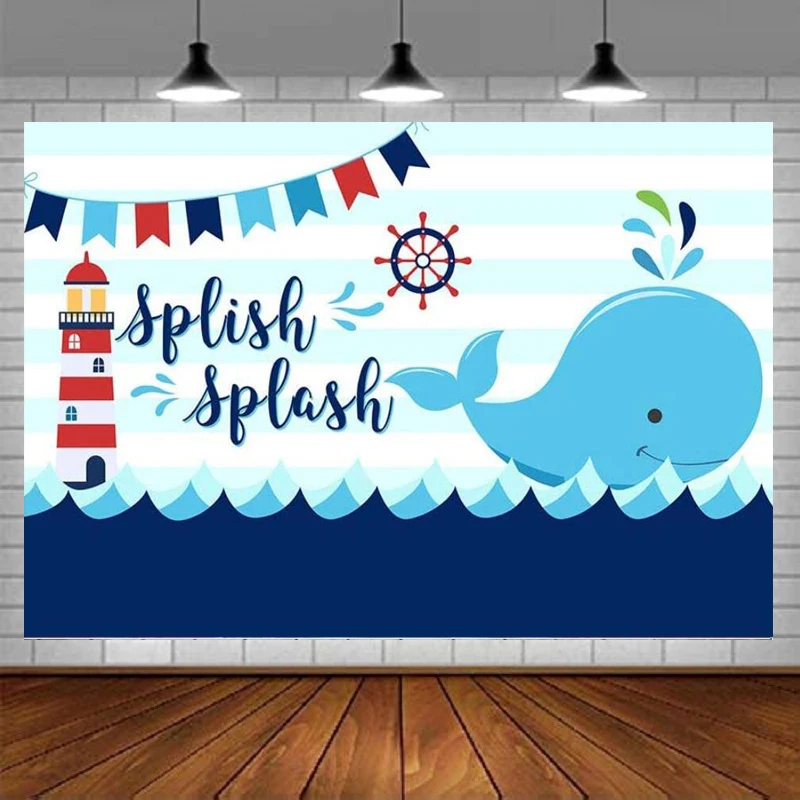 

Whale Baby Shower Photography Backdrop Ahoy Blue Stripes Little Squirt Boy Birthday Background Photo Banner Cake Table Supplies