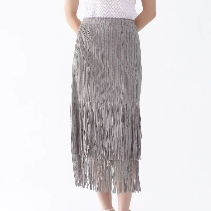 Miyake Pleated Half-skirt 2025 Spring New Double-layer Tassel Fine Gold Jupe Women's Mid-length Senior Sense Pleated Skirt