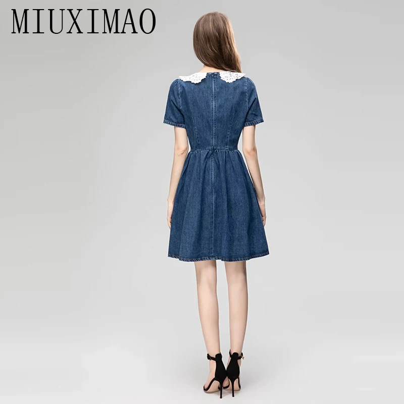 MIUXIMAO 2023 Elegant and Pretty Women's Dresses Fashion Short Sleeve  Retro Diamond Buttons Denim Dress Women Female Dress