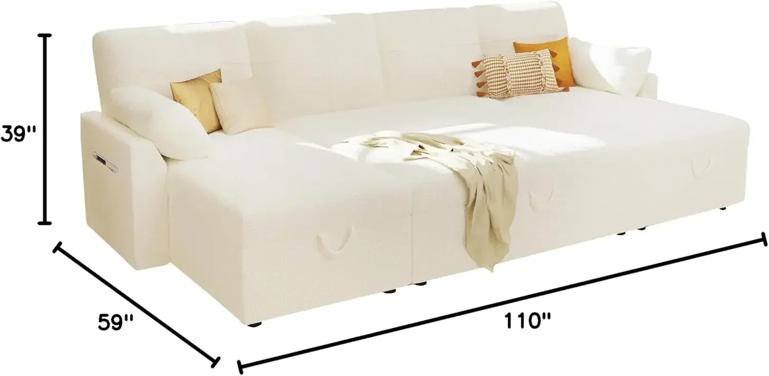 

Sectional Sleeper Sofa with Double Storage Chaise for Living Room, White Boucle Couch