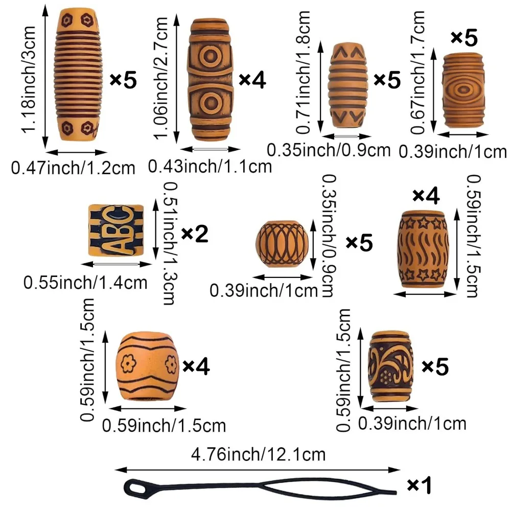African Wig Dreadlock Wooden Beads 50Pcs/Bag Vintage Trendy Large Holes Braiding Beads with Carved Patterns Styling Tools Wooden