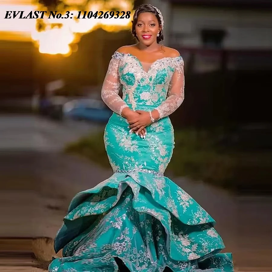 EVLAST Customized Shiny Green Mermaid Prom Dress Lace Applique Crystal Beaded Girls Ruffles Party Gown Robe De Soirée E3P724