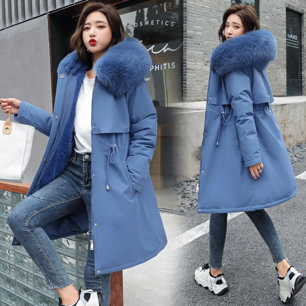 Winter Women Jacket Furry Hood Cotton Jacket Plus Size Zipper And Button Closure Plush Lining Cotton Coat Windproof Warm Coat