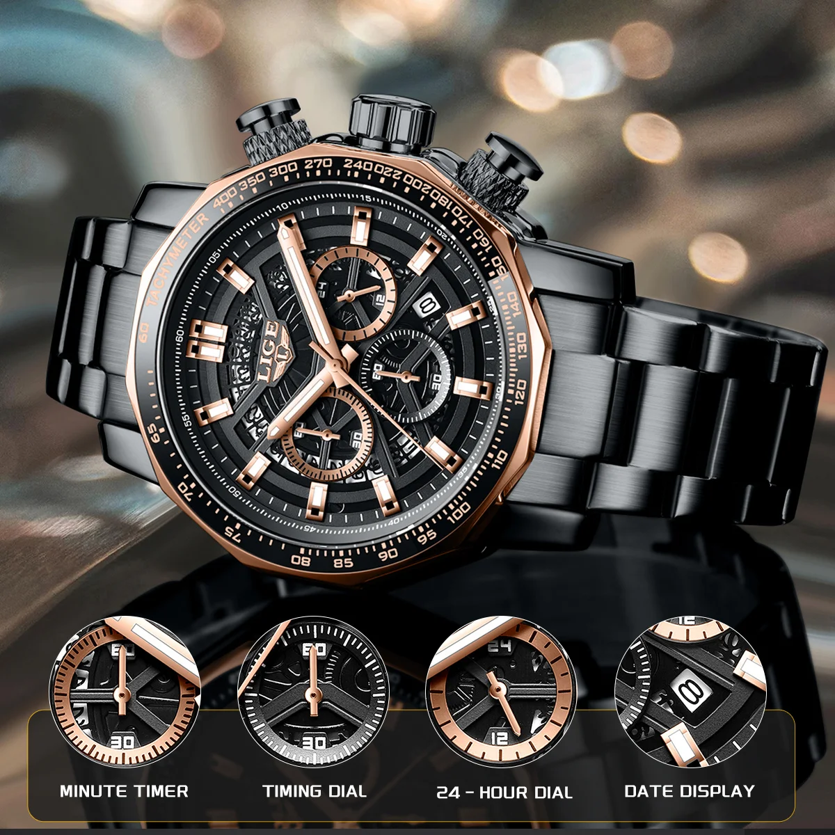 

LIGE Роскошные мужские часы, модные деловые кварцевые наручные часы со светящимся календарем, водонепроницаемые мужские часы с хронографом из нержавеющей стали