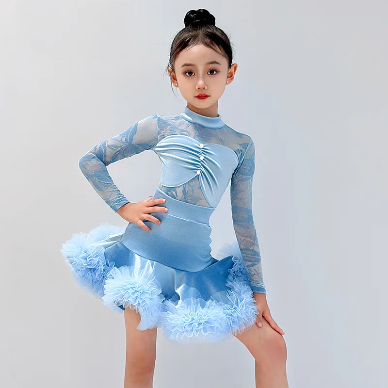 sala da ballo Maglia di velluto di pizzo vestito latino ragazza danza americana rumba cha cha samba tango costume competizione pratica usura bambini Bambino