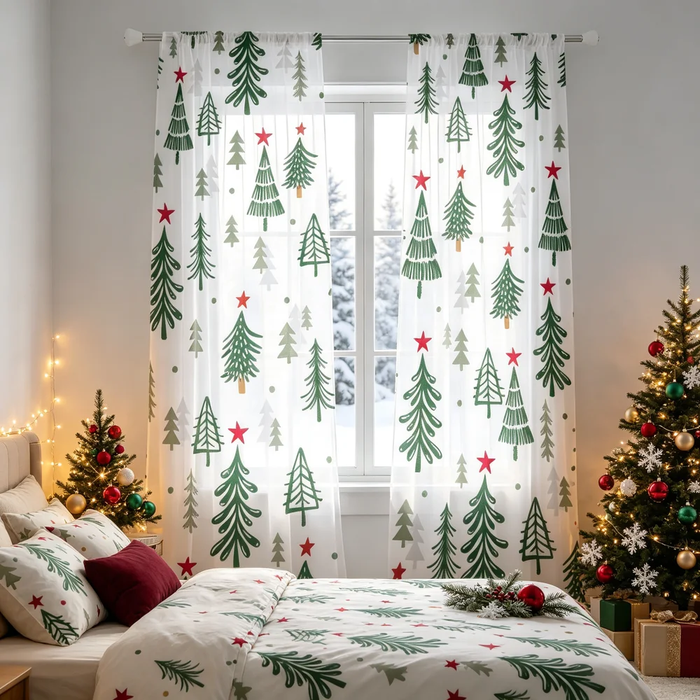 2PCS Christmas Curtains, Small Trees Red Stars Print, Bedroom Living Room Window Drapes, Rod Pocket Polyester, Home Decor