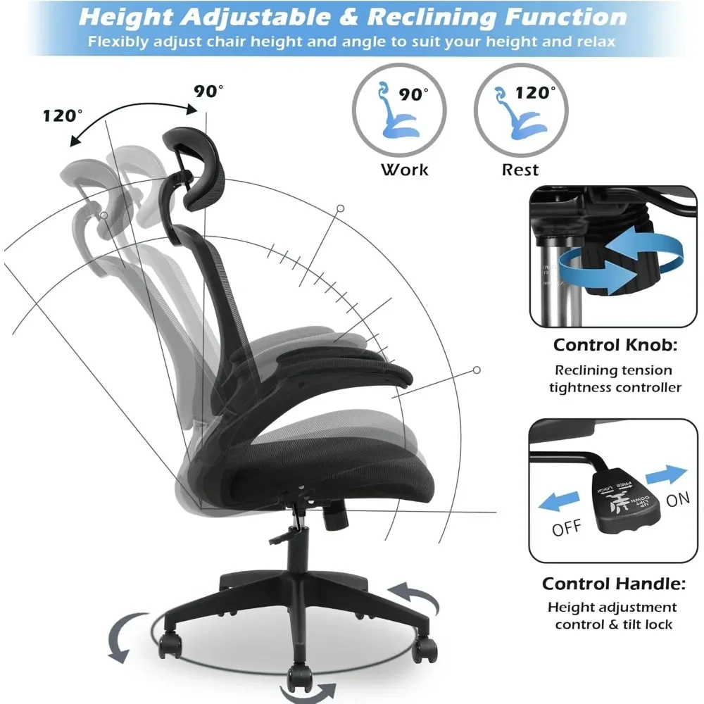 Chaise de bureau ergonomique avec accoudoirs rabattables réglables, chaise d'ordinateur avec fonction de repos et d'inclinaison, soutien lombaire, sauna