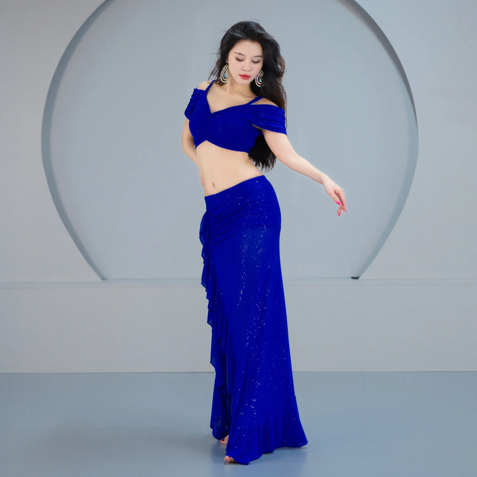 Belly Dance Costume Women Gauze Short Sleeves Top+sexy Split Long Skirt 2pcs Oriental Training Suit Girl's Belly Dancing Outfit