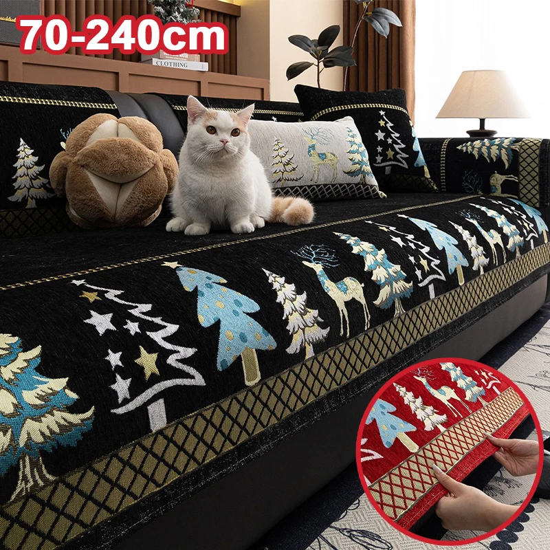Large Christmas Sofa Throw Cover Chenille Xmas Tree Deer Printed Couch Slipcover with Silicone Non‑Slip Backing for Living Room