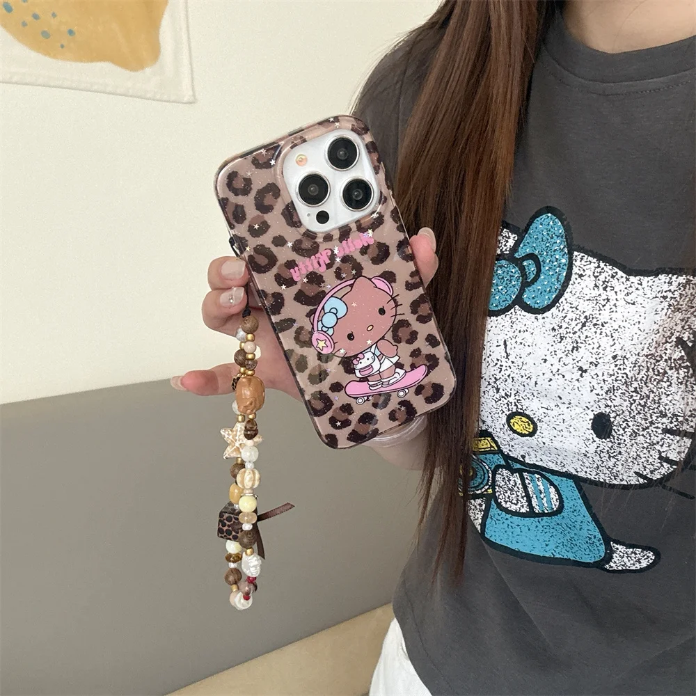 

Funny leopard print Hello Kitty cartoon phone case for iPhone 13 15 Pro 14 16 promax 16 Fundas with hinged cute protective cover