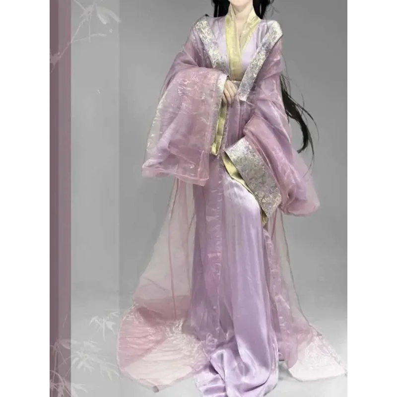 

Tailing Length Hanfu Dress Women Party Outfit Ancient Chinese Vintage Purple Cyan 2pcs Hanfu Suits Carnival Cosplay Costume