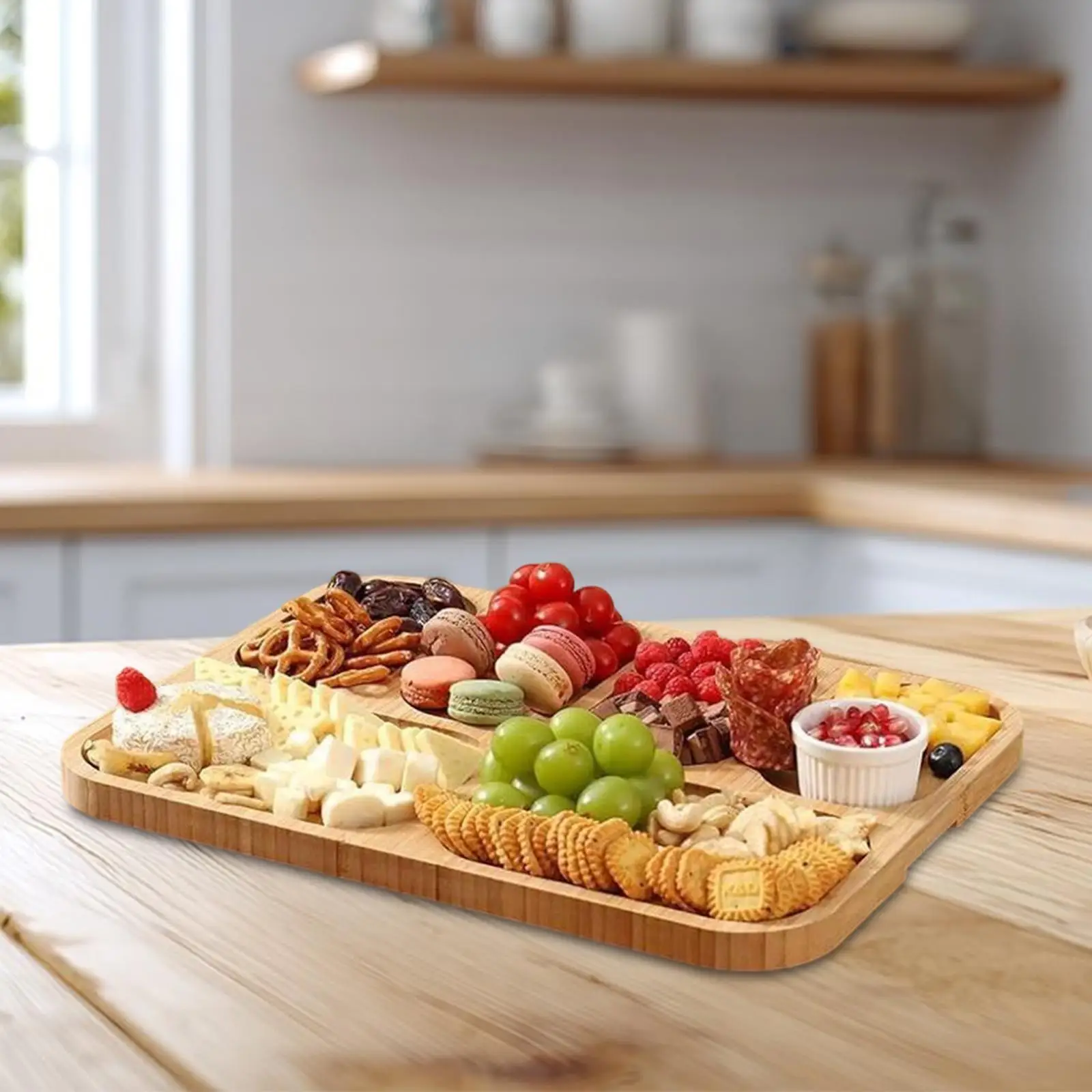 Bamboo Serving Tray Rectangle Divider Plate Wood Organizer for Dessert Coffee Table or Buffet Setting