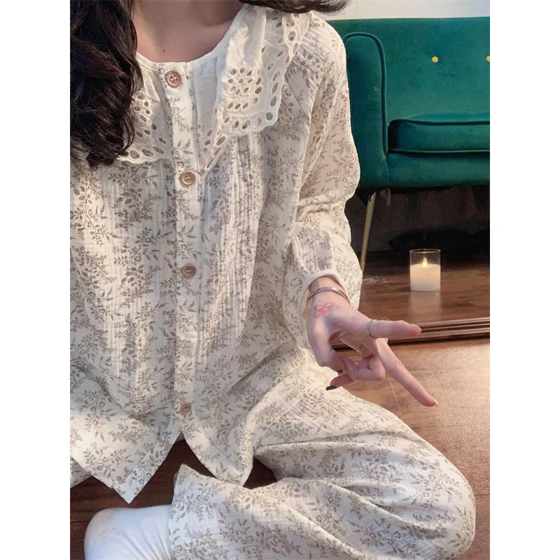 Floral Sleepwear Women Pajama Sets Piiama Autumn Pants Sets for Women 2 Pieces Hole Long Sleeve Night Wears Button Home Suit New