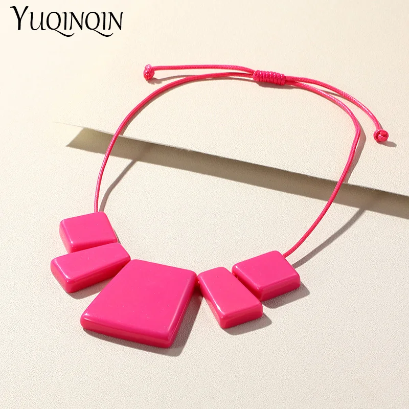 2023 Trendy Charm Colorful Rope Chain Necklaces for Women Resin Square Pendant Necklace For Girls Vintage Long Fashion Jewelry