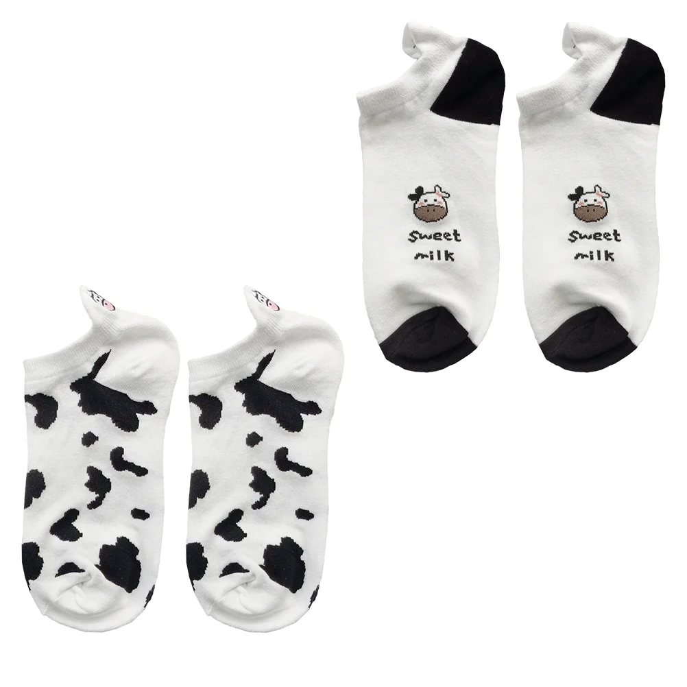 

2 Pairs Cow Socks Pattern Women Girl Boat Animal Slippers Low-cut Anklet Women's Woman