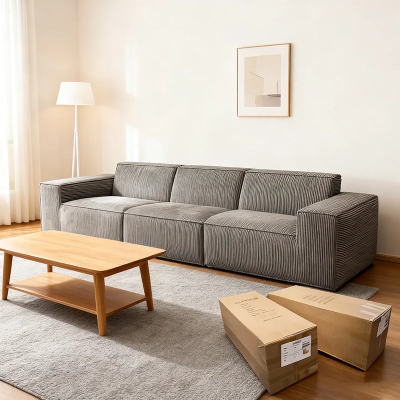 

High Quality Compression Sofa 3 Seater Gray Corduroy Modular Sofa Durable Construction Sofa