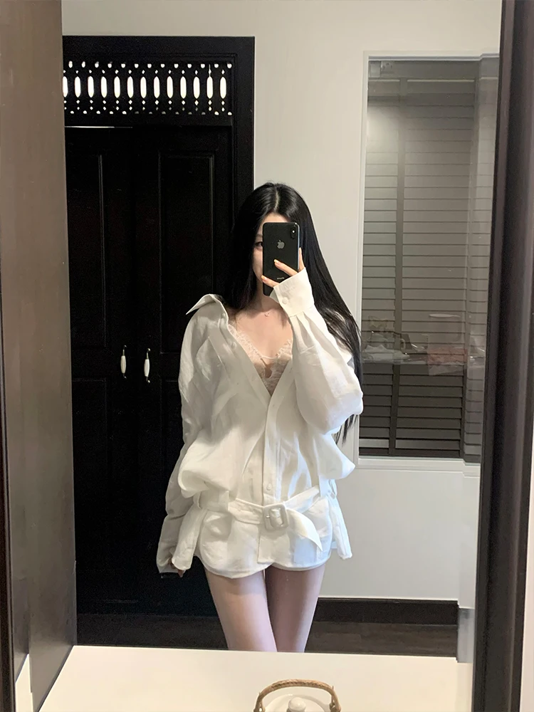 

Gyo White Long Sve Belted irt Vaion Sle Women's Loose Fit Linen Blend Ne Thin Non-Stretch Chinese Made