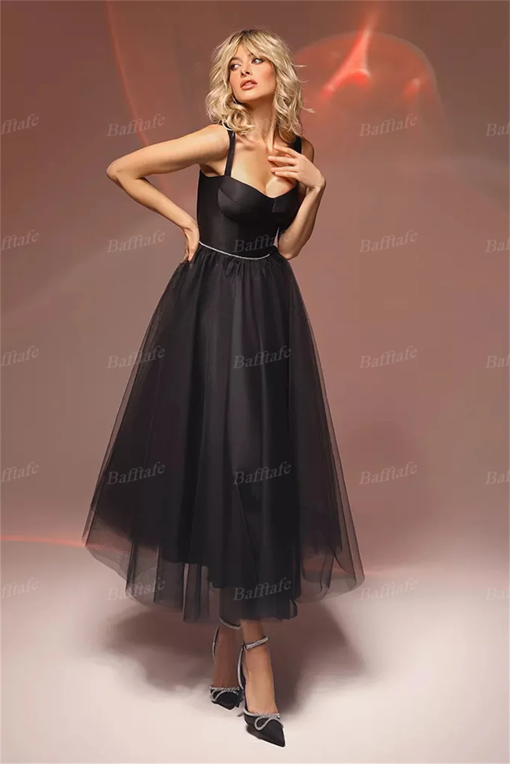 Bafftafe Simple Black Tulle Girl Homecoming Dresses Ankle Length Midi Evening Prom Gowns Corset Formal Occasion Dress Customized