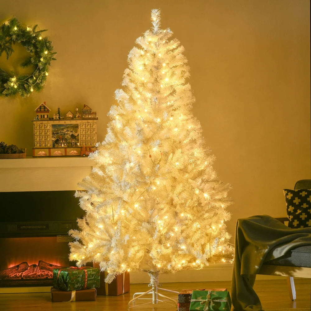 6Ft PVC Artificial Christmas Tree,with 638 Branches,220 Warm White LED Lights,Auto Open,White，Decor Holiday Essential for Party