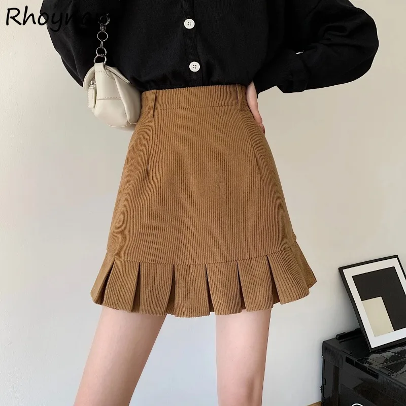 

Mini Skirts Women Design Ruffles Pleated High Waist Corduroy All-match Solid Simple Casual Korean Style Spring Sweet Girls Cozy