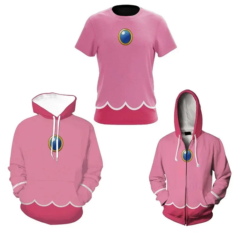 Women Princess Peach Cosplay Costume Men Hoodie 3D Printed Hooded Sweatshirt Casual T-Shirt Streetwear Outfits Halloween Suit MN