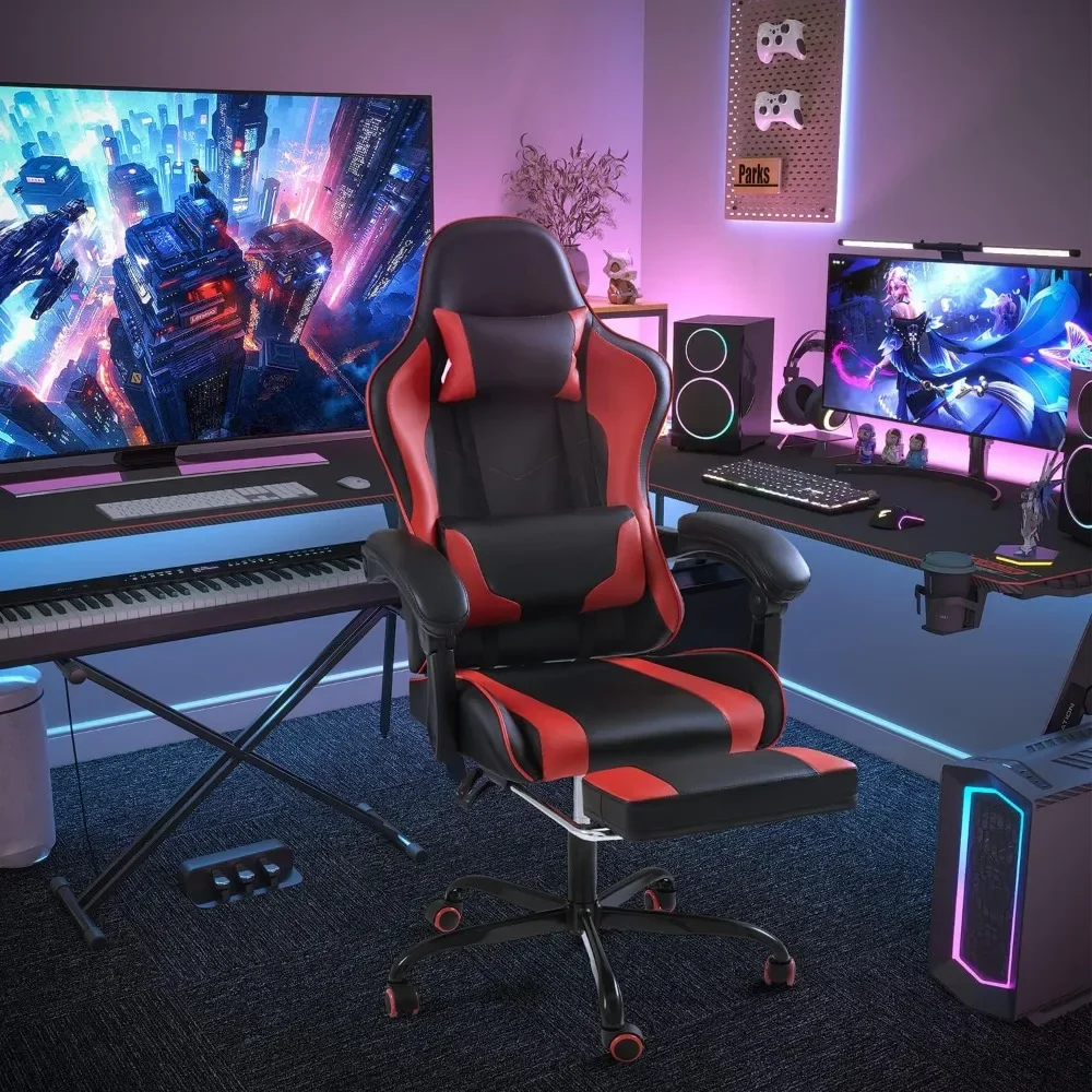 Gaming Chair with Footrest and Massage Lumbar Support, Video Racing Seat Height Adjustable with 360°Swivel and Headrest