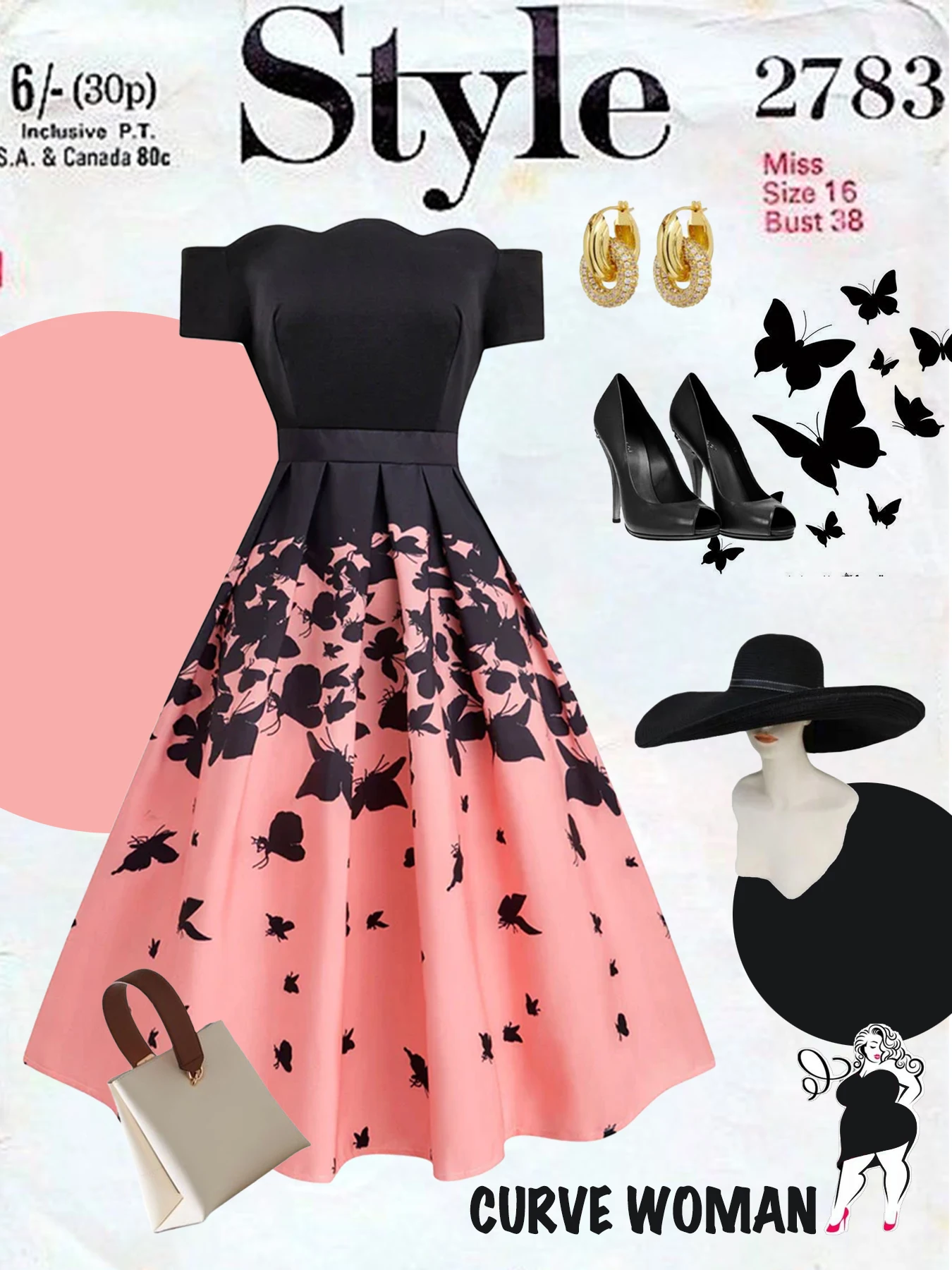 

Large size ladies' elegant retro series dark style black butterfly swaying dress, one-shoulder off-shoulder waist design, perfec