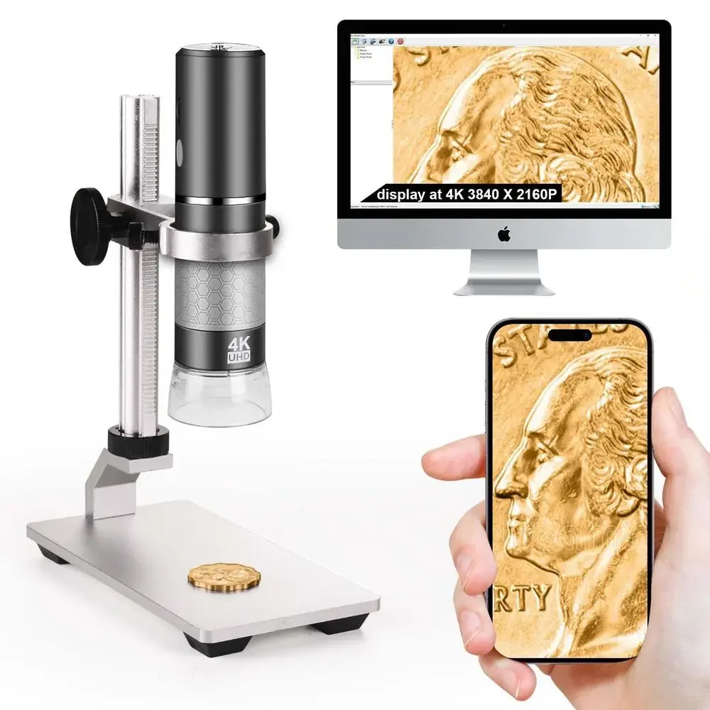 4K Digital USB Microscope Professional Stand iPhone Android PC Camera HD All Cellphones iPad LED Grey 1000X Zoom Wide Angle Long