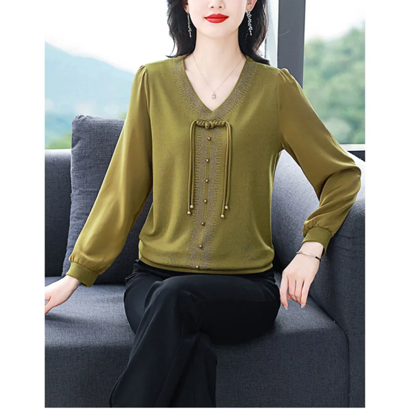 Spring Autumn Women's 2024 New Solid Color V-Neck Heavy Industry Diamond Inlay Bow Fashion Loose Casual Long Sleeve Tops