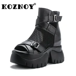 Koznoy 7cm Air Mesh Genuine Leather Knee High Fashion Summer Ankle Boots Women Hollow Lady Chimney Sandals Ankle Booties Shoes