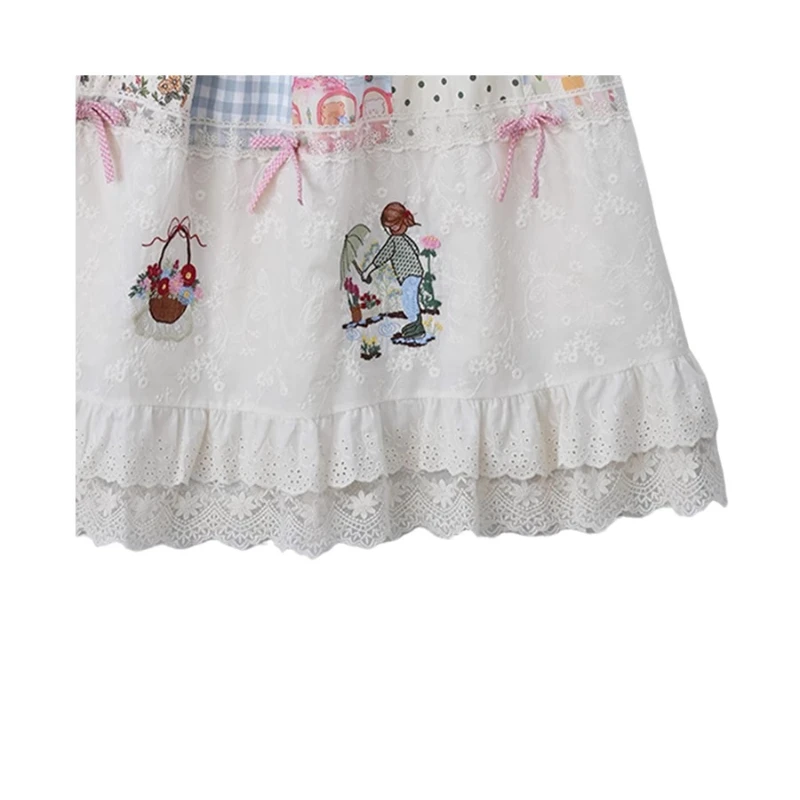 Summer Retro Pastoral Patchwork Lace Women's Long Skirt 2025 New Bow Cotton Elastic Waist Plaid Splicing A-line Skirts Ladies
