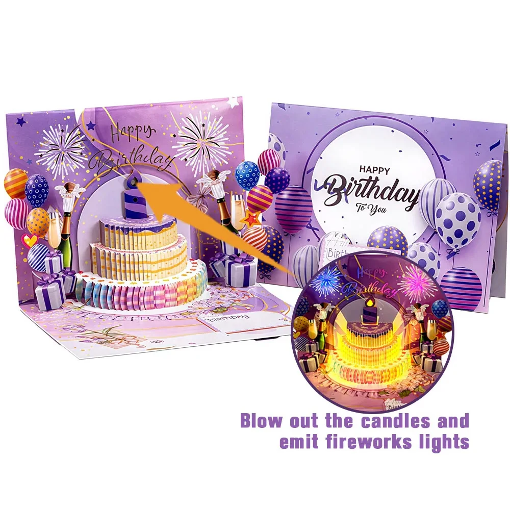 

3D Pop-Up Birthday Card with Music & Light Blowing Candles Handmade Foldable DIY Greeting Card for Celebration