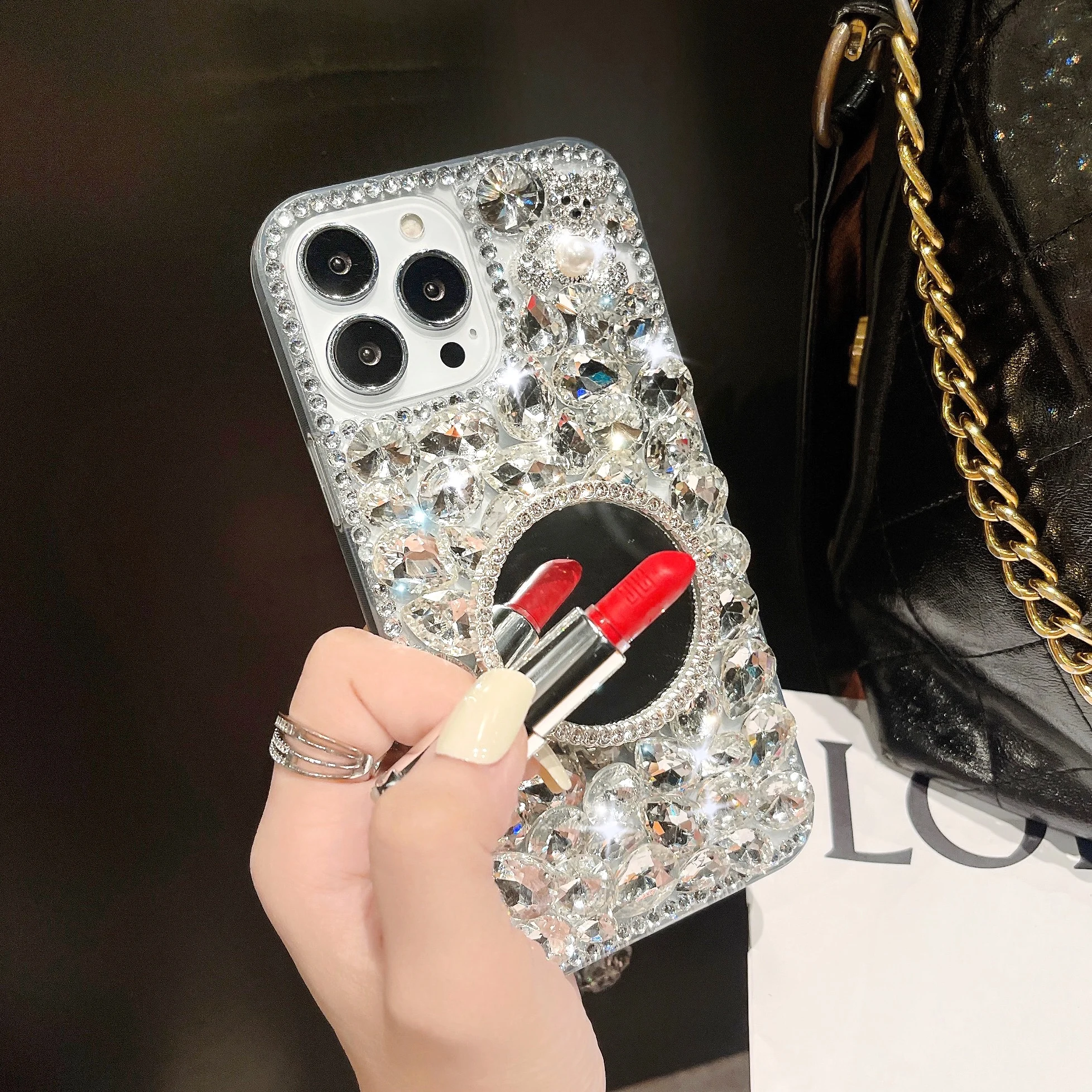 Luxury Diamond Makeup Heart Mirror Phone Case for Samsung A54 5G, for Girls Galaxy A71 72 73, A81 82/5G Clear Cover with Strap