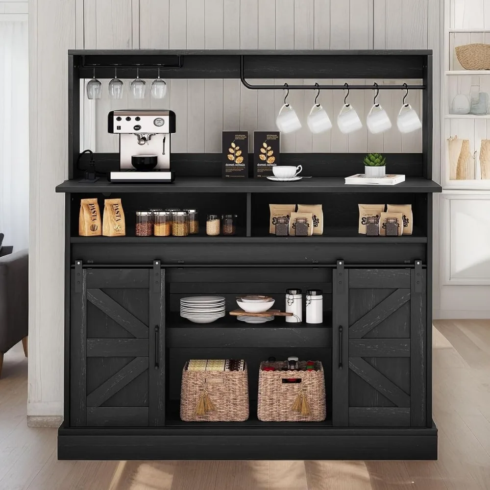 

Buffet Cabinets with Storage, 47" Coffee Bar with Goblet Holder & Power Outlet, Farmhouse Sideboard Cabinets with Sliding Barn