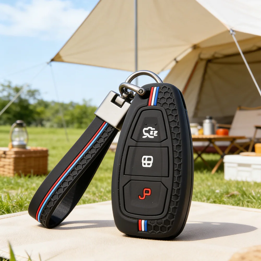 Metallic‑Tone Tricolor Trim Remote Key Shell With Keychain for Ford ST Line Fiesta Focus Mondeo Ecosport Kuga Puma Edge Escape
