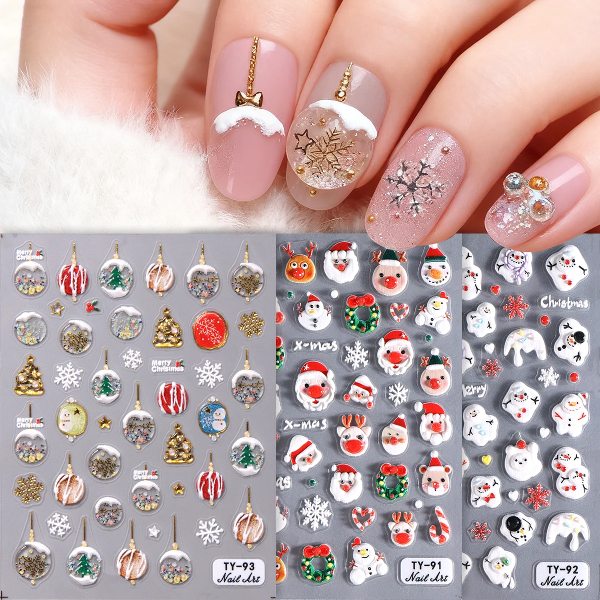 5D niedliche Cartoon-Winter-Nagelaufkleber mit Prägung, Weihnachtskugeln, Schneemann, Weihnachtsmann, strukturierte Abziehbilder, 2026, festliche Maniküre-Schieber
