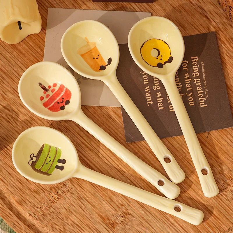 

4pcs Cute Boba Ceramic Soup Spoon Kawaii Korean Ice Cream Hand Painted Long Handle Dessert Spoon Kitchen Tableware Accessories