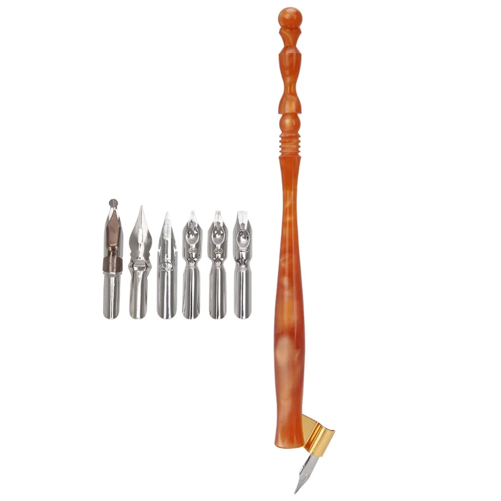 7pcs Beautiful Resin Handle Dip Pen Set Antique Copperplate Finish Flat Nibs Calligraphy Dip Pen Oblique Pen Holder For Artists