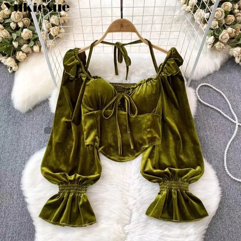 womens blouses Women Blouse Velour Slash Neck Square Collar Folds Long Flare Sleeve Shirts Chic Versatile Female Tops