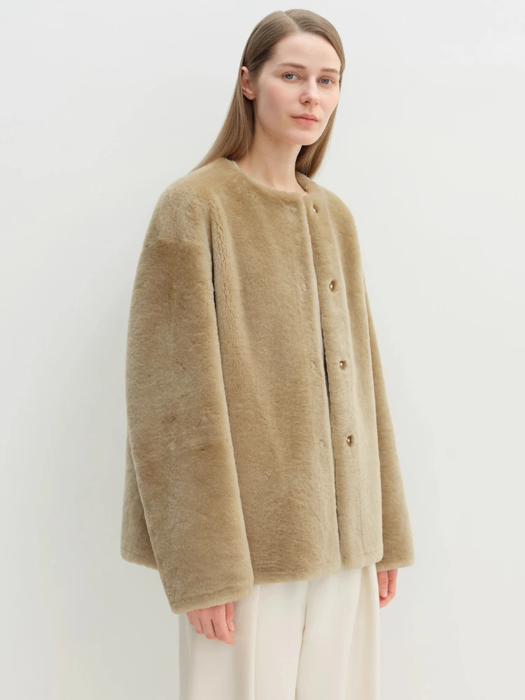 الراقية الفاخرة ميرينو الأغنام الفراء امبسوول سترة للنساء بسيطة الكلاسيكية س الرقبة الشتاء جلد طبيعي معطف الفراء الحقيقي شيرلينغ #3